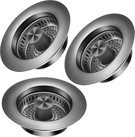Kitchen Sink Drain Strainer 3 Pack, 304 Stainless Steel Pop Up Sink Stopper, Anti-Clogging Sink Drain Strainer for US Standard Kitchen Drain (Gunmetal Gray)
