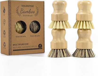 4 Pack Bamboo Dish Brush Set, Natural Palm Dish Scrubber for Pots and Vegetables, Sisal Bristle Bamboo Scrub Brush for Cleaning Dishes and Pans