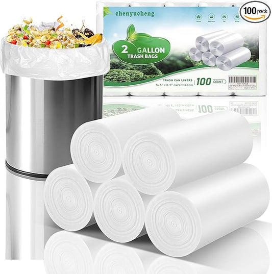 2 Gallon Biodegradable Mini Trash Bags - White Compostable Small Garbage Bag For Bathroom Can Unscented Kitchen Office Car Waste Basket Liners 100 count Tiny Strong Thick Chenyucheng