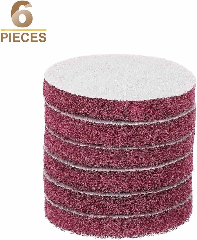 HARFINGTON 6pcs Scrubber Scouring Pads 400 Grits 3 Inch Drill Power Brush Hoop and Loop Surface Conditioning Disc Drill Scuffing Disc Scrub Pads for Home Kitchen Cleaning, Red