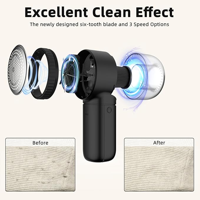 Fabric Shaver Electric Lint Remover Rechargeable Sweater Shaver Dual Protection Removable Bin Easy Remove Fuzz Lint Pills Bobbles (Black) FS001