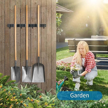 2 Pack Broom Hanger and Mop Holder, Heavy Duty Garden Tool Organizer Rack Rake and Shovel Handle, Stainless Steel Wall Mounted Utility Rack with Screws (5 Racks with 4 Hooks, Matte Black).