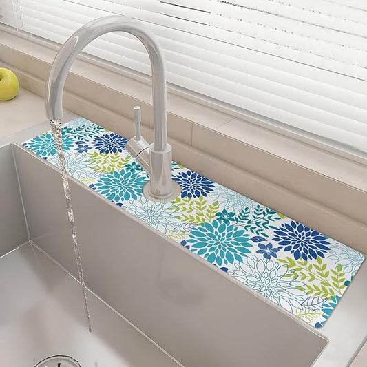 24" X 5.5" Kitchen Sink Splash Guard Faucet Mat Flora Super Absorbent Fast Drying Faucet Guard & Draining Mat Sink Splash Guard Behind Faucet for Kitchen, Bathroom