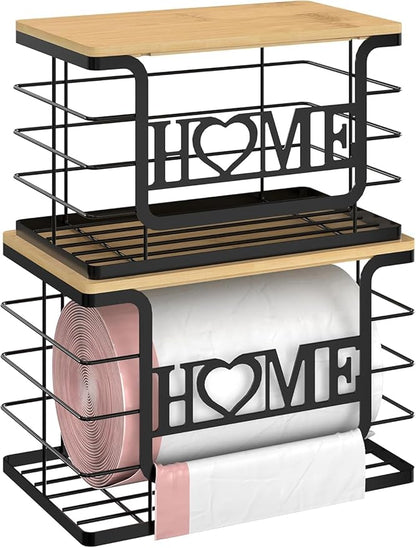 Trash Bag Holder Dispenser, Garbage Bags Organizers with Bamboo Top, Wall Mount with Adhesive Hook, Perfect Storage Rack for Cabinet, Under Sink (Black, 2pack set-L/XL)