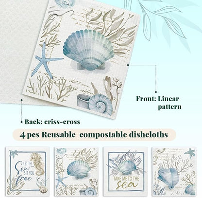 Beach Swedish Dishcloths for Kitchen, 4 Pack Watercolor Dish Towels for Kitchen, Blue Swedish Dish Cloths, Reusable Paper Towels Washable, Sponge Cloths