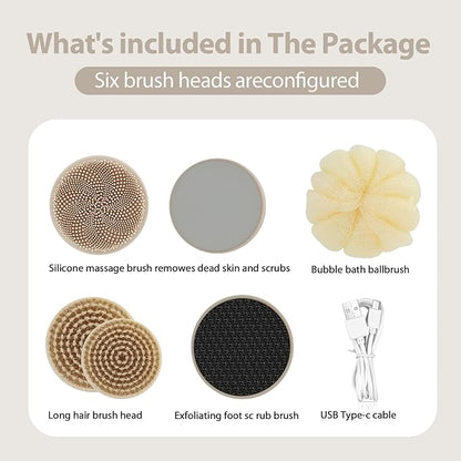 Electric Body Brush Back Scrubber for Shower, Waterproof Long Handle Power Body Scrubber with 6 Heads, Rechargeable Bath Brush & 3 Speeds, for Cleansing, Exfoliating and Massaging Skin (Yellow)