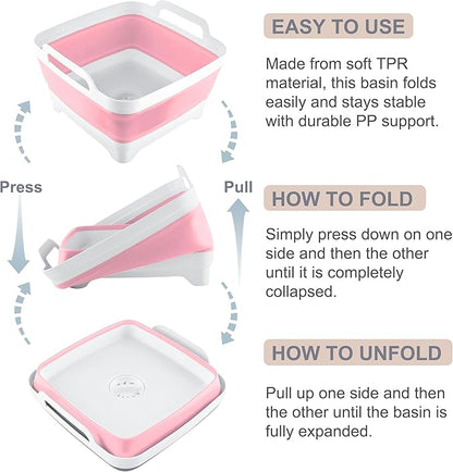 2.4 Gal(9L) Collapsible Dish Basin with Drain Plug, Space Saving Outdoor Multiuse Foldable Sink Tub, Dishpan, Kitchen Storage Tray for Camping, Vegetable Washing, RV (Pink)