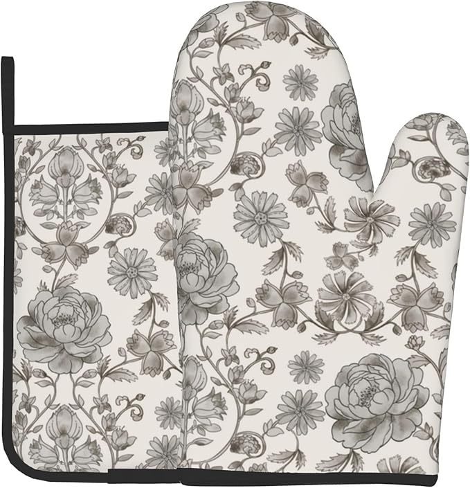 Vintage Flowers Oven Mitts and Pot Holders Sets Boho Kitchen Gloves White Grey Floral Hot Pads Cute Baker Stuff Chef Cooking Baking Gifts for Women