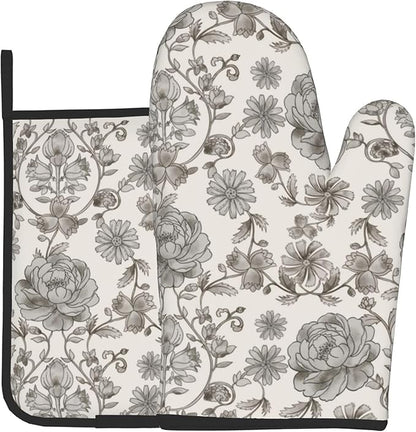 Vintage Flowers Oven Mitts and Pot Holders Sets Boho Kitchen Gloves White Grey Floral Hot Pads Cute Baker Stuff Chef Cooking Baking Gifts for Women
