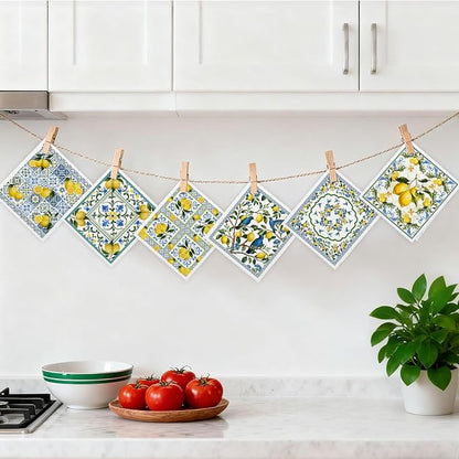Mixed Blue Tiles Lemons Swedish Kitchen Dishcloths Dish Towels 6 Pack, Farmhouse Lemon Dish Towels, Swedish Dishcloth, Paper Towels Reusable, Dish Cloth Towel Cleaning Wipe for Home Kitchen