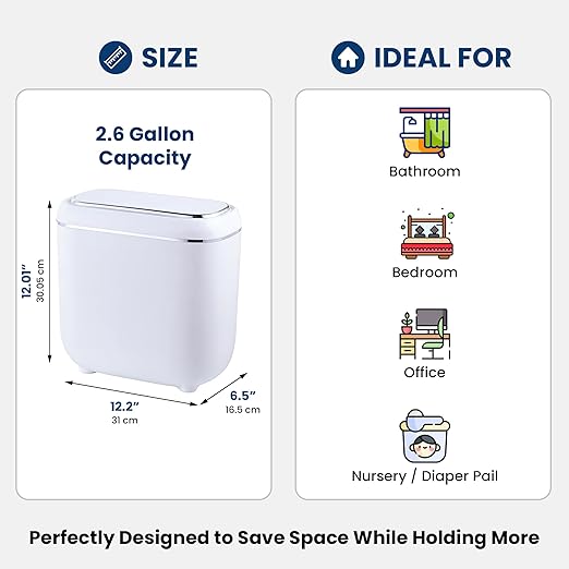 Motion Sensor Trash Can, Automatic Touchless Trash bin, 2.6 Gallon for Bathroom, Bedroom & Office - Waterproof, Quiet Close, White