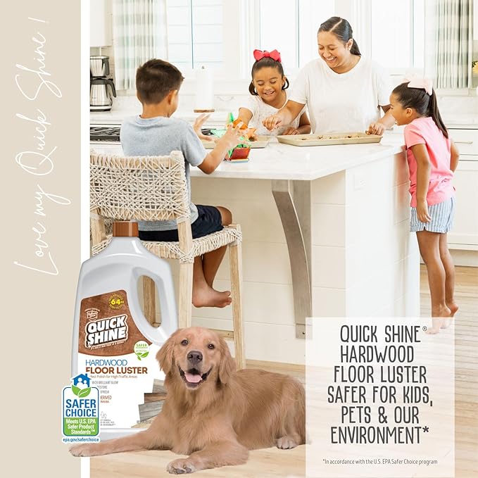 Quick Shine Hardwood Floor Luster-Polish 64oz-4pk | Plant-Derived w/Carnauba | Safer Choice, No PFAS, pH Neutral | Ready to Use Formula w/Anti-Slip Technology | Simply Squirt & Spread | Made in USA