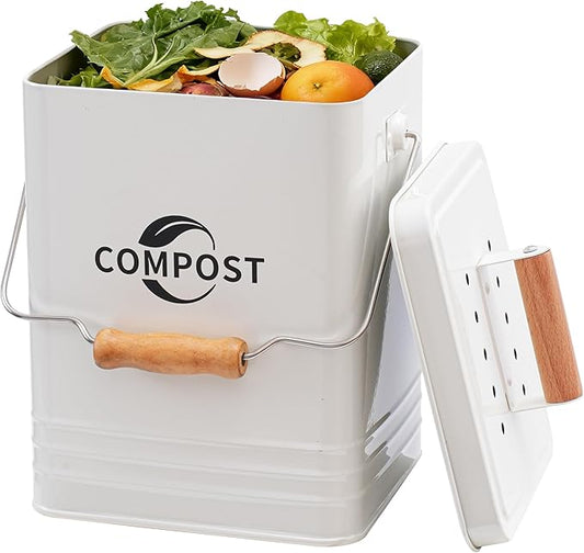 Kitchen Compost Bin, 1.7 Gallon Countertop Compost Bin with Lid and Charcoal Filter, Kitchen Composter for Food Waste, Rust Proof Indoor Bucket, White