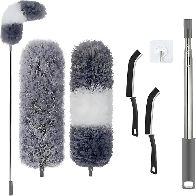 Professional Microfibre Dusters for Cleaning | Duster with Extension 100" | Cobweb Remover Duster Kit with 2 Washable Heads | Bendable Feather Duster for High Ceilings,Fans & Hard-to-Reach Areas,6PCS