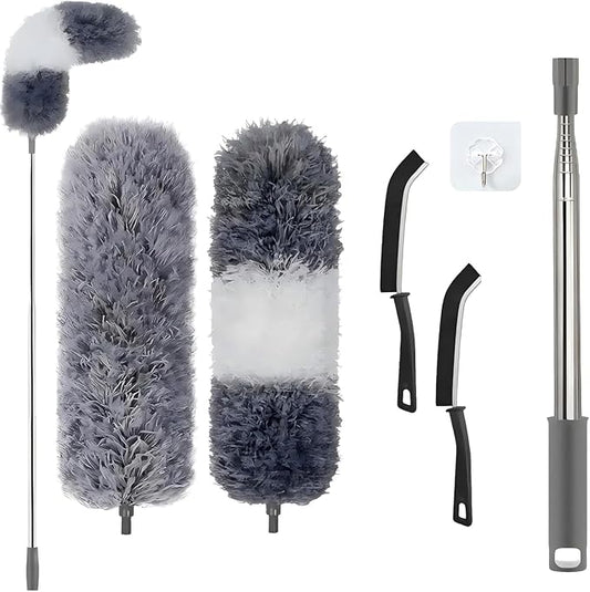 Professional Microfibre Dusters for Cleaning | Duster with Extension 100" | Cobweb Remover Duster Kit with 2 Washable Heads | Bendable Feather Duster for High Ceilings,Fans & Hard-to-Reach Areas,6PCS