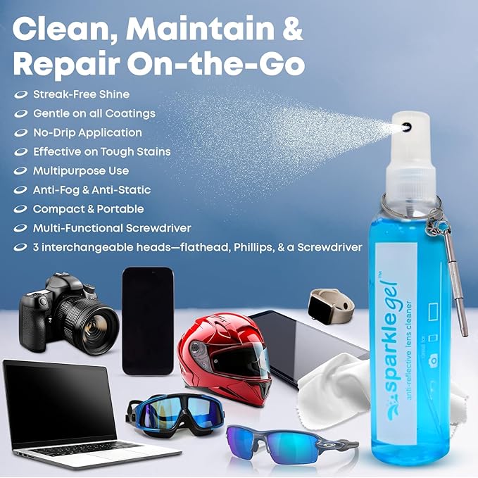 Sparkle Anti-Reflective Safe Gel Lens Cleaner & Repair Kit – (2) 1oz Glasses Cleaner Spray, (2) Microfiber Cloth & Keychain Screwdriver for Eyeglasses, Lenses & Screens (5 Piece Set)