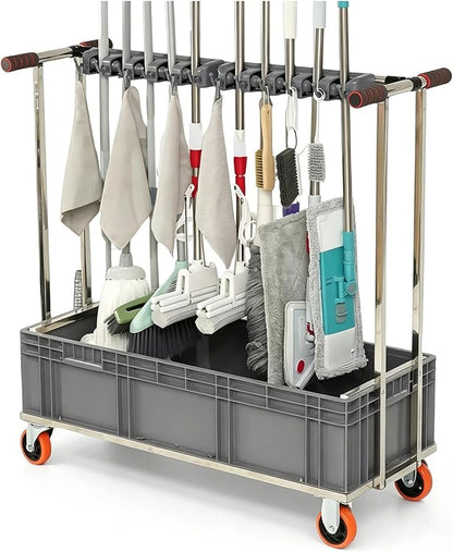 SARKEY Mobile Broom Mop Holder,Mobile Cleaning Trolley,Freestanding Housekeeping Storage,Solves The Problem Of Dripping Mops And Wet Floors,For Garden,Schools,Hotels(100x40x110cm(39x16x43in))