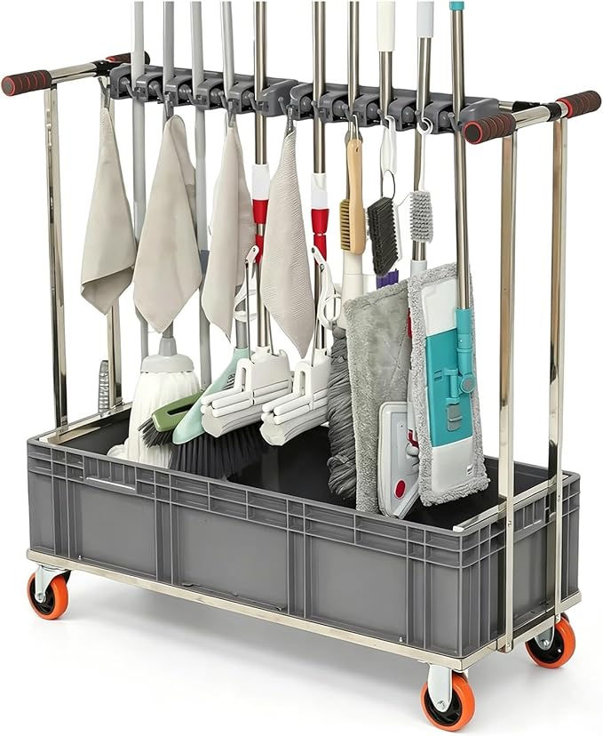 SARKEY Mobile Broom Mop Holder,Mobile Cleaning Trolley,Freestanding Housekeeping Storage,Solves The Problem Of Dripping Mops And Wet Floors,For Garden,Schools,Hotels(90x40x110cm(35x16x43in))