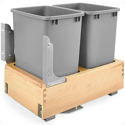 Rev-A-Shelf 35 Qt Bottom Mount Double Pullout Under Cabinet Kitchen Trash Cans w/Soft-Close for Base Cabinets, 150 Pound Rated Full-Extension Slides, Min Opening Width of 14.5", Gray, 4WCBM-18DM-2