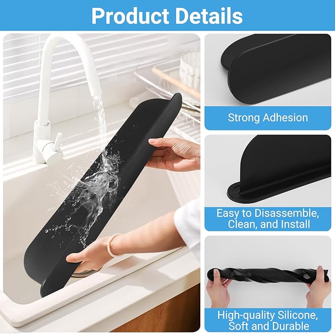 19.3 inch Sink Water Splash Guard, Silicone Sink Splash Guard, Backsplash Protector for Kitchen Countertop & Bathroom Bathtub with Non-Slip Strong Suction, Black