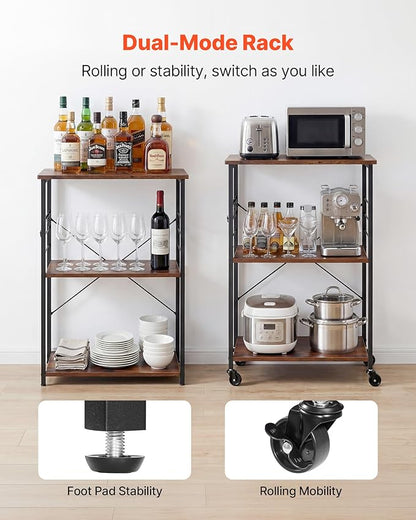 VEVOR Kitchen Utility Cart, 3 Tier 23.7 in Microwave Stand Coffee Cart, Heavy Duty Storage Rack, Service Trolley on Wheels, Industrial Rolling Work Table with 8 Hooks, for Mini Oven, Toaster, Vintage