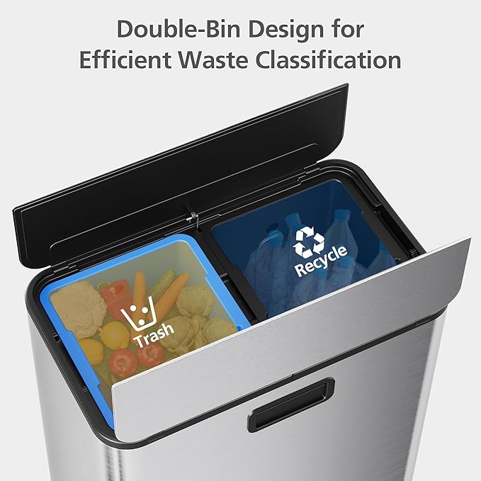 GarveeHome 14.8 gal Dual Compartment Step Trash Can, Stainless Steel Kitchen Bin with Butterfly Lid & Foot Pedal, 2x7.4 gal Removable Buckets for Easy Waste and Recycling, Silver