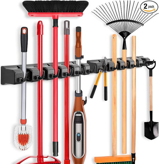 IMILLET 2 Pack Mop and Broom Holder, Wall Mounted Organizer Mop and Broom Storage Tool Rack with 5 Ball Slots and 6 Hooks (Black)