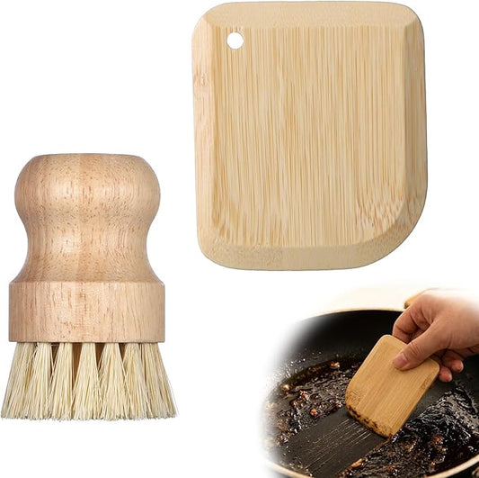 2 Pack Bamboo Dish Scrub Brush with Bamboo Pan Scraper Pot Scraper Non-Scratch Dish Scrapers Kitchen Cleaning Tools for Cast Iron Skillets, Cookware, Dishes, Pans Bowls, Plates and Pots