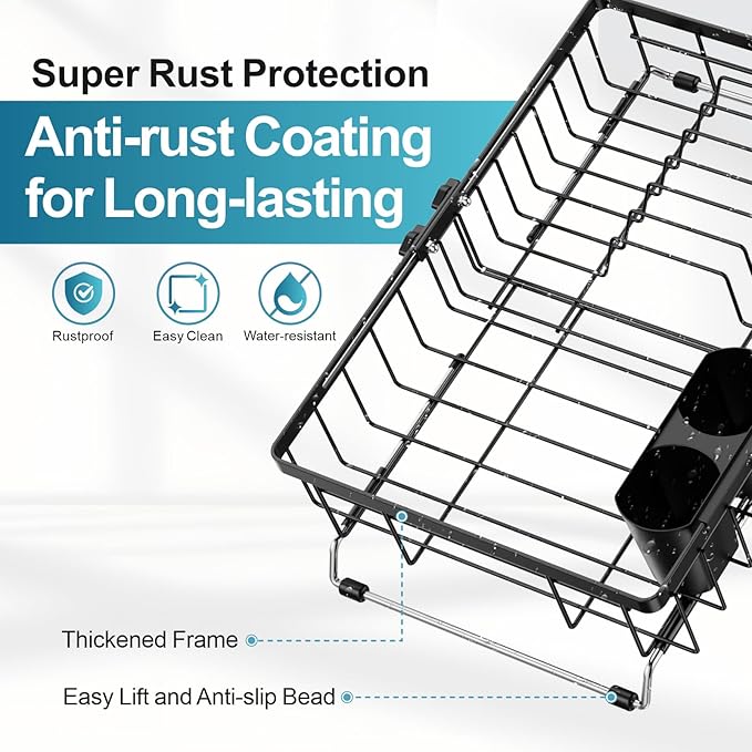 iSPECLE Expandable Dish Drying Rack for Kitchen Sink - Rust Resistant Adjustable Over the Sink Dish Drainer with Non Slip Rubber, 12.7" W x 12.8"-25.2" L, Black