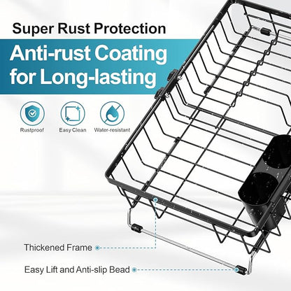 iSPECLE Expandable Dish Drying Rack for Kitchen Sink - Rust Resistant Adjustable Over the Sink Dish Drainer with Non Slip Rubber, 12.7" W x 12.8"-25.2" L, Black