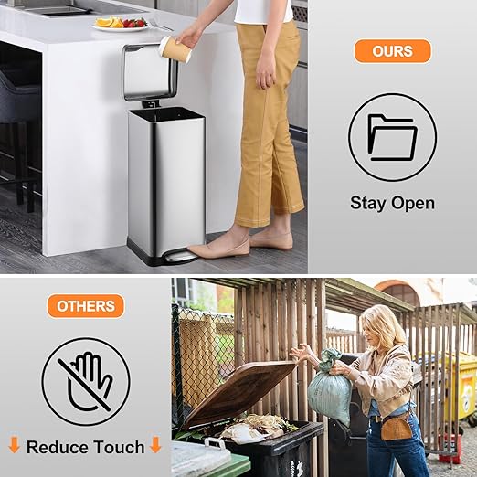 Garvee 8 gal/30 L Kitchen Trash Can, Fingerprint-Proof Stainless Steel Garbage Can with Soft-Close Lid, Recycle Bin with Removable Inner Buckets and Foot Pedal for Office Bedroom Bathroom, Silver