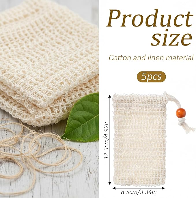 5 Pcs Soap Bar Bags Natural Sisal Bar Soap Sock Saver Net Loofah Pouch Exfoliating Foaming Mesh Quick-Drying Net for Shower