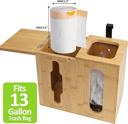 Trash Bag Dispenser & Grocery Bag Organizer, 2 in 1 Bamboo Garbage Bags Storage Box for Cabinet Door or Wall Mount