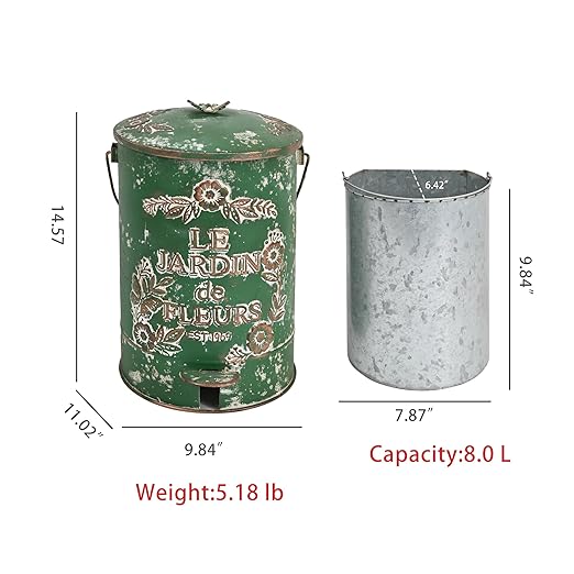 Rustic Farmhouse Decor Trash Can with Lid and Pedal Retro Handmade Distressed Design Pattern Round Garbage Cans Recycling Waste Bin for Home Patio Yard Bathroom Kitchen Garden Living Room Green