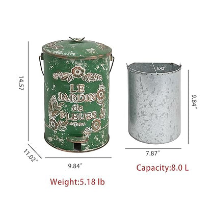 Rustic Farmhouse Decor Trash Can with Lid and Pedal Retro Handmade Distressed Design Pattern Round Garbage Cans Recycling Waste Bin for Home Patio Yard Bathroom Kitchen Garden Living Room Green