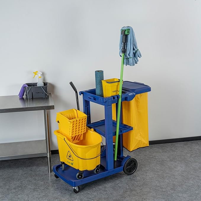 Restaurantware-Clean Tek Professional Janitor Cart with Wheels, 1 Cleaning Trolley with Cover and 18 Gallon Bag - 3 Shelves, Heavy-Duty, Blue Plastic Commercial Janitorial Cart, for Restaurants
