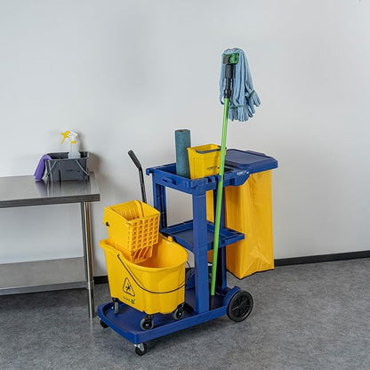 Restaurantware-Clean Tek Professional Janitor Cart with Wheels, 1 Cleaning Trolley with Cover and 18 Gallon Bag - 3 Shelves, Heavy-Duty, Blue Plastic Commercial Janitorial Cart, for Restaurants