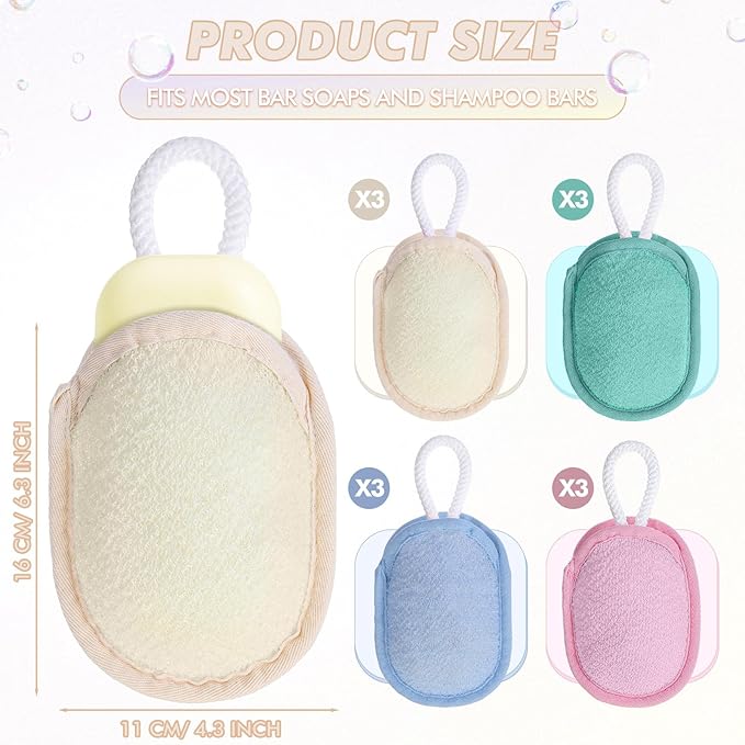 Sunnyray 12 Pcs Bath Body Exfoliating Soap Saver, Exfoliator Scrubber Pouch, Bath Loofah Sponge Body Scrubber Shower Sponge Exfoliating Mesh Pouf for Women and Men Bathing (Soft Color)