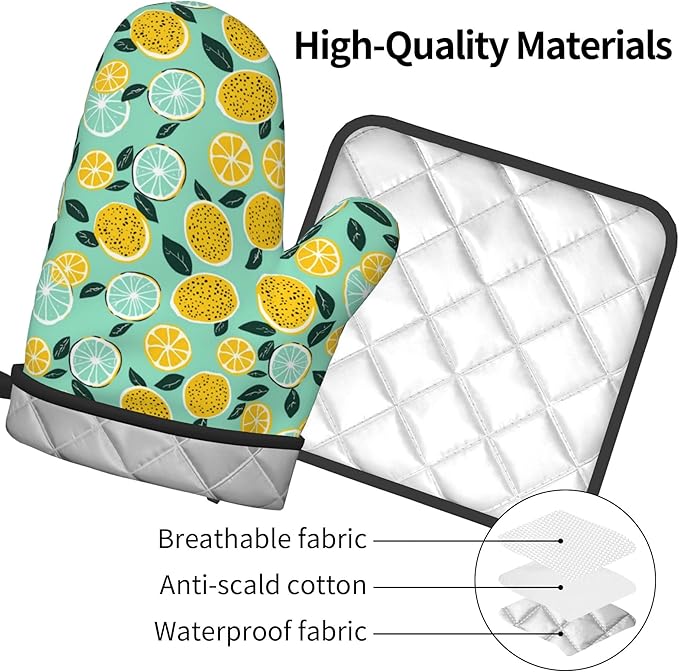 Lemon Pot Holders and Oven Mitts - Summer Teal Lime Refreshing Oven Glove Hot Pads for Kitchen Chef Gifts for Cooking Lover Cooks