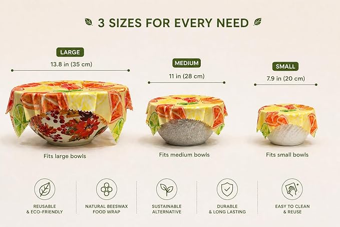 Beeswax Food Wraps – 3 Pack (Small, Medium & Large)