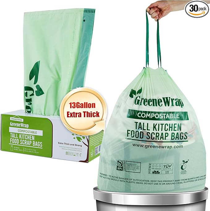 13 Gallon Compostable Trash Bags with Drawstring, 30 Count, 1 Mil, Tall Kitchen Food Scrap Compost Bags, BPI Certified, ASTM D6400, Compostable Garbage Bags, Unscented, 13 Gal
