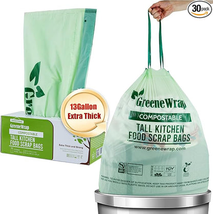 13 Gallon Compostable Trash Bags with Drawstring, 30 Count, 1 Mil, Tall Kitchen Food Scrap Compost Bags, BPI Certified, ASTM D6400, Compostable Garbage Bags, Unscented, 13 Gal