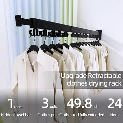 Kelisiting Clothes Drying Rack, Wall Mounted Laundry Drying Rack, Upgrade 3-Fold Foldable Collapsible Retractable Clothing Drying Rack with 12 Dual Hooks Organization for Laundry Room Indoor- Black