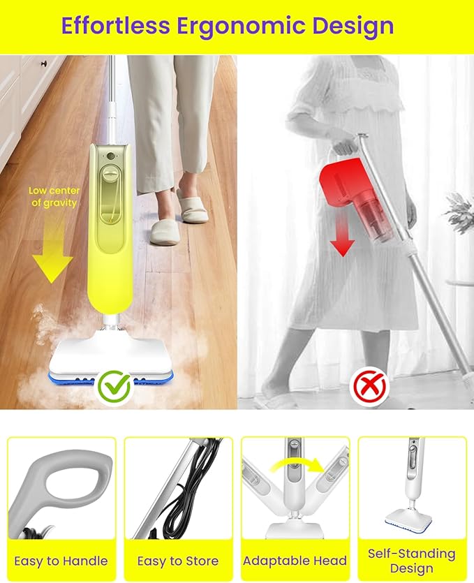 6 IN 1 Steam Mop for Floor Cleaning, Effortless Ergonomic Design Handheld Steam Cleaner, Floor Steamer for Hardwood and Tile, 1500W High Power, 16.4ft Cord, 400Ml XL Tank, 2 Washable Pad
