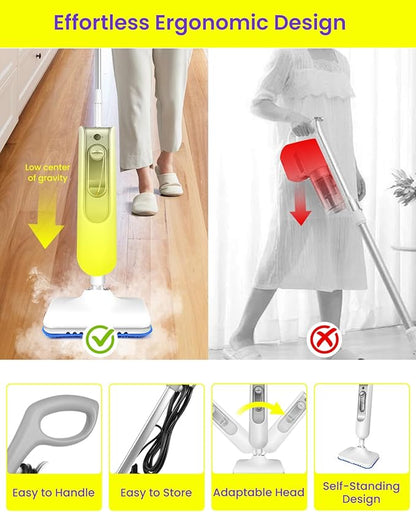 6 IN 1 Steam Mop for Floor Cleaning, Effortless Ergonomic Design Handheld Steam Cleaner, Floor Steamer for Hardwood and Tile, 1500W High Power, 16.4ft Cord, 400Ml XL Tank, 2 Washable Pad