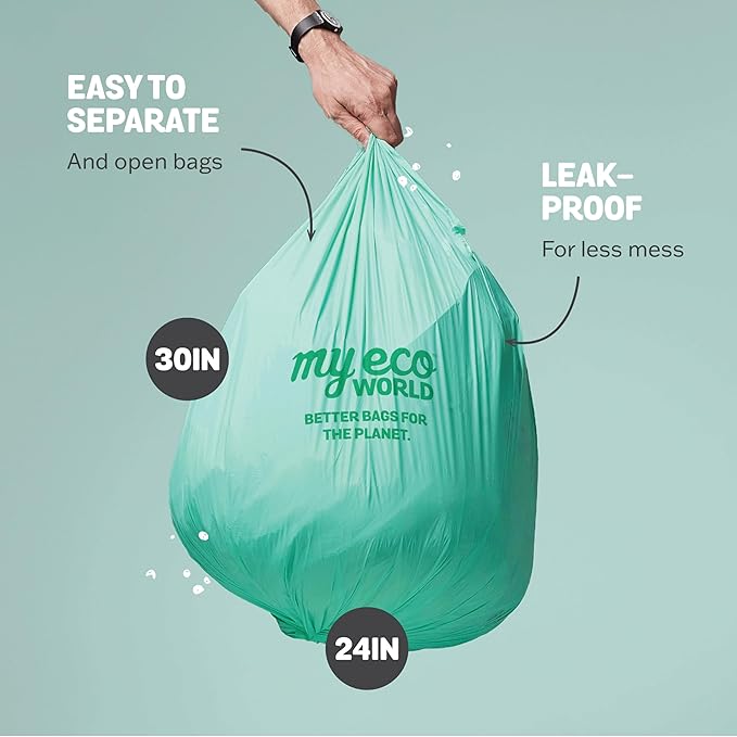 MyEcoWorld® Compostable Kitchen Waste Bags - 48 Count - 100% Certified Compostable - 13 Gallon - Super Strong - Leak Proof - Unscented - Easy to Open