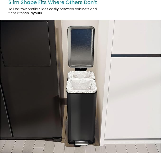 Home Zone Living 13 Gallon Slim Dual Compartment Kitchen Trash Can, Soft-Close Lid and Step Pedal, Stainless Steel, Matte Black