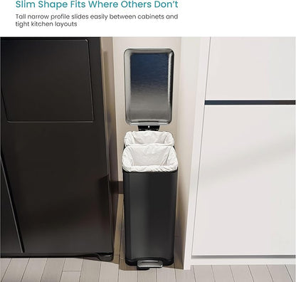 Home Zone Living 13 Gallon Slim Dual Compartment Kitchen Trash Can, Soft-Close Lid and Step Pedal, Stainless Steel, Matte Black