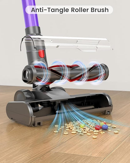 Cordless Stick Vacuum Cleaner, 650W 55KPA Up to 70Min Runtime, Green Light Anti-Tangle Brush, 7-Stage HEPA Filtration, Lightweight for Pet Hair Carpet Hard Floors (Purple)