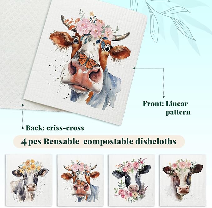 Cow Floral Cute Swedish Dishcloths for Kitchen, 4 Pack Cute Cow Gifts Swedish Dish Cloths Towels for Kitchen Bathroom Office Housewarming Gifts, Papaya Reusable Paper Towels Washable